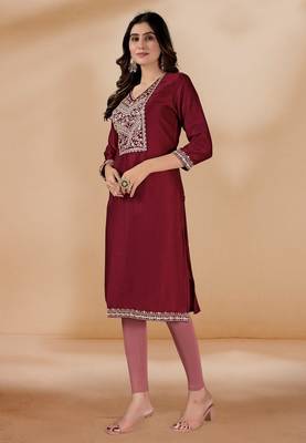 Maroon color vichitra silk blend v neck embroidered kurti 3
