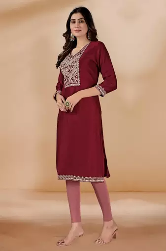 Maroon color vichitra silk blend v neck embroidered kurti