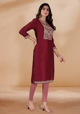 Maroon color vichitra silk blend v neck embroidered kurti 4