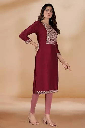 Maroon color vichitra silk blend v neck embroidered kurti