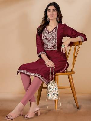 Maroon color vichitra silk blend v neck embroidered kurti 5