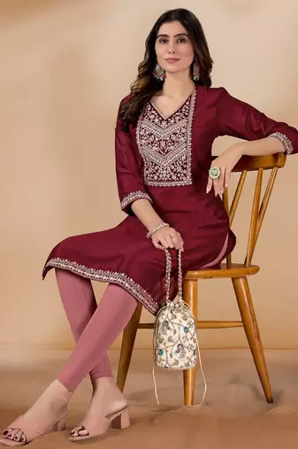 Maroon color vichitra silk blend v neck embroidered kurti