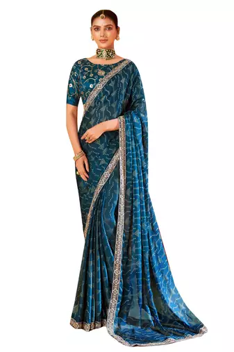 shaded multi color faux chiffon silver zari border work  saree