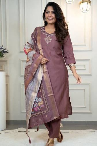 Chocolate Colour Premium Roman Silk Hand Work A Line Kurta Set