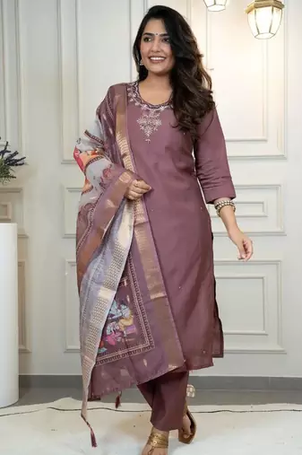 Chocolate Colour Premium Roman Silk Hand Work A Line Kurta Set