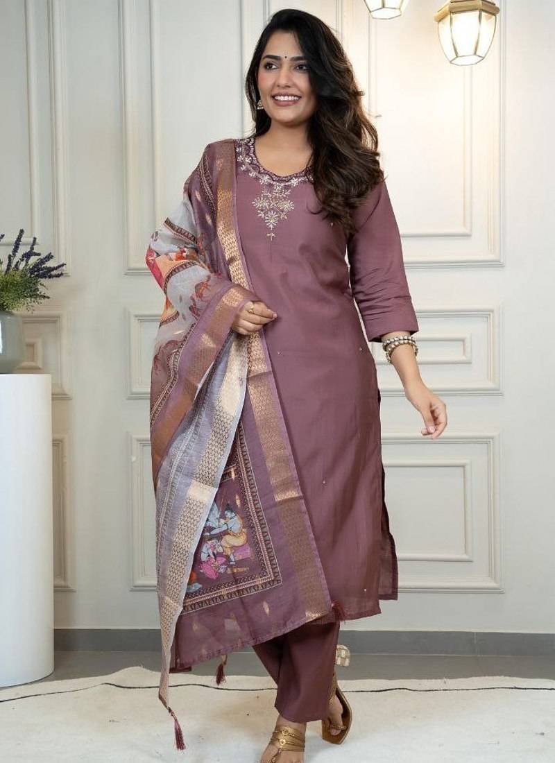 Chocolate Colour Premium Roman Silk Hand Work A Line Kurta Set
