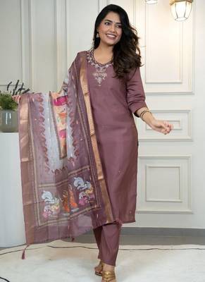 Chocolate Colour Premium Roman Silk Hand Work A Line Kurta Set 2