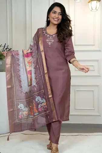 Chocolate Colour Premium Roman Silk Hand Work A Line Kurta Set