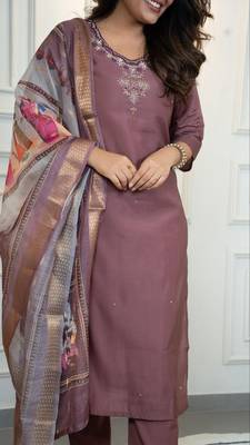 Chocolate Colour Premium Roman Silk Hand Work A Line Kurta Set 3