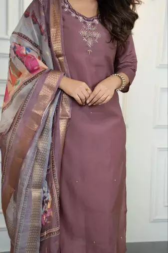 Chocolate Colour Premium Roman Silk Hand Work A Line Kurta Set