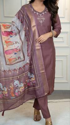 Chocolate Colour Premium Roman Silk Hand Work A Line Kurta Set 4