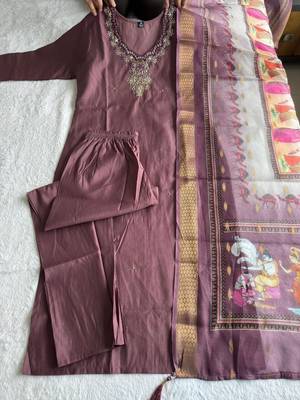 Chocolate Colour Premium Roman Silk Hand Work A Line Kurta Set 5