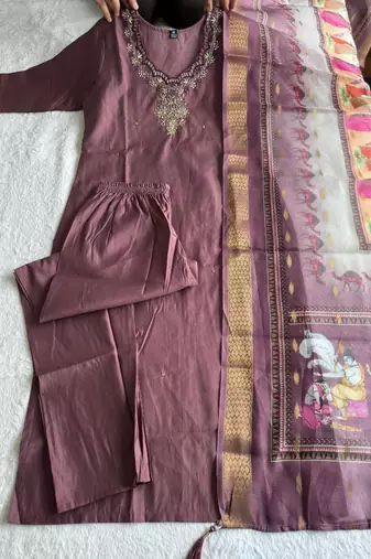 Chocolate Colour Premium Roman Silk Hand Work A Line Kurta Set