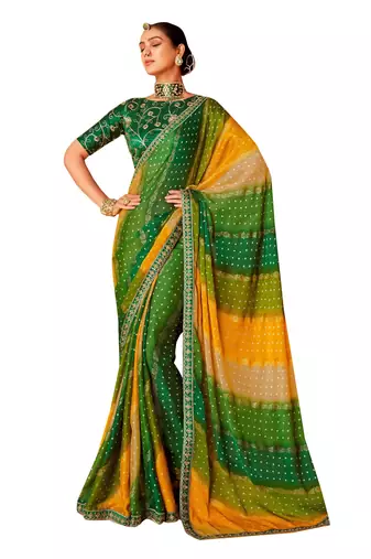 shaded multi color faux chiffon silver zari border work  saree