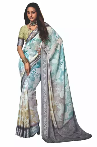 shaded multi color faux chiffon silver zari border work  saree