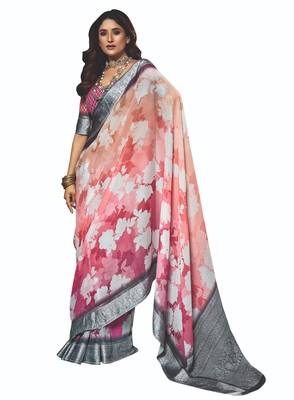 shaded multi color faux chiffon silver zari border work saree 1
