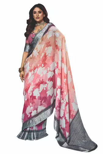 shaded multi color faux chiffon silver zari border work  saree