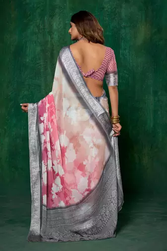 shaded multi color faux chiffon silver zari border work  saree