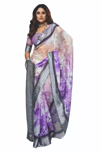 shaded multi color faux chiffon silver zari border work  saree