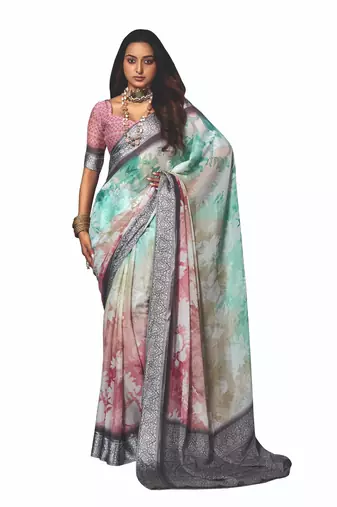 shaded multi color faux chiffon silver zari border work  saree