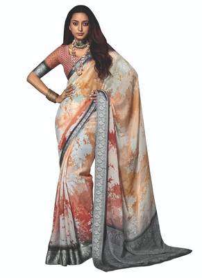shaded multi color faux chiffon silver zari border work saree 1