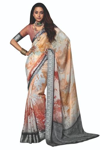 shaded multi color faux chiffon silver zari border work  saree