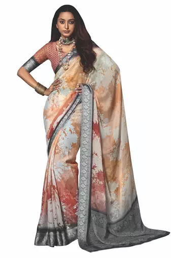 shaded multi color faux chiffon silver zari border work  saree