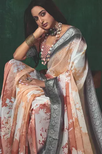 shaded multi color faux chiffon silver zari border work  saree