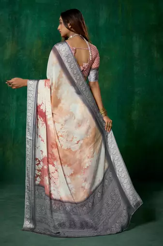 shaded multi color faux chiffon silver zari border work  saree