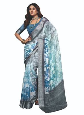 shaded multi color faux chiffon silver zari border work saree 1