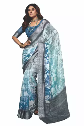 shaded multi color faux chiffon silver zari border work  saree