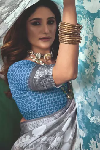 shaded multi color faux chiffon silver zari border work  saree