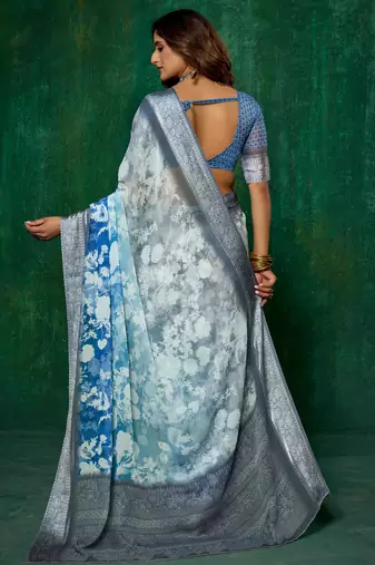 shaded multi color faux chiffon silver zari border work  saree