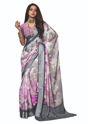 shaded multi color faux chiffon silver zari border work saree 1