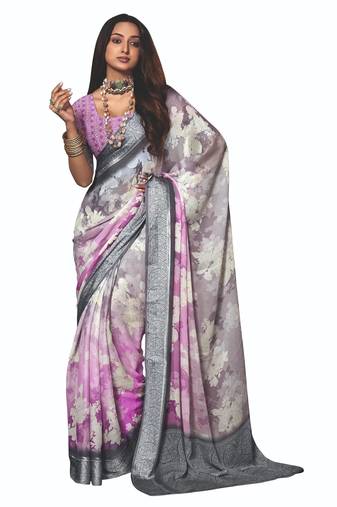 shaded multi color faux chiffon silver zari border work  saree