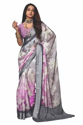 shaded multi color faux chiffon silver zari border work  saree