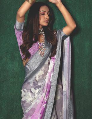shaded multi color faux chiffon silver zari border work saree 2