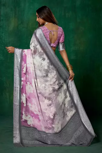 shaded multi color faux chiffon silver zari border work  saree