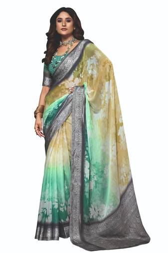 shaded multi color faux chiffon silver zari border work  saree