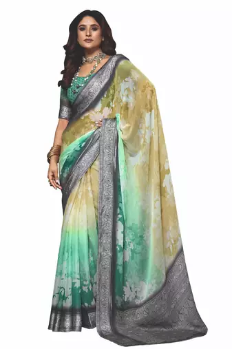 shaded multi color faux chiffon silver zari border work  saree