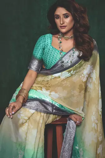 shaded multi color faux chiffon silver zari border work  saree