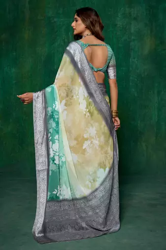 shaded multi color faux chiffon silver zari border work  saree