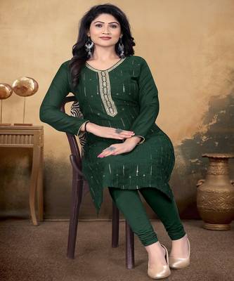 Green color vichitra silk blend round neck embroidered kurti 1