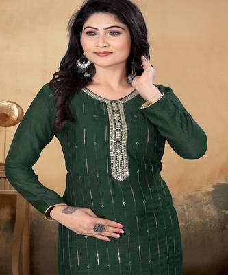 Green color vichitra silk blend round neck embroidered kurti 2