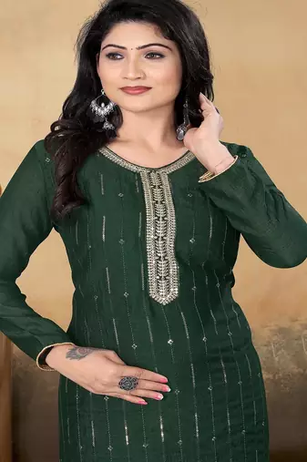 Green color vichitra silk blend round neck embroidered kurti