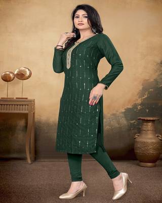 Green color vichitra silk blend round neck embroidered kurti 3