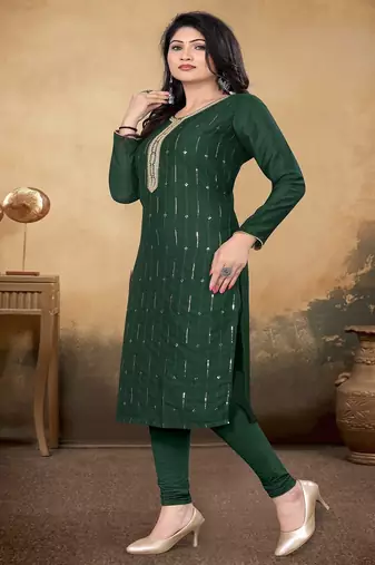 Green color vichitra silk blend round neck embroidered kurti