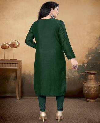 Green color vichitra silk blend round neck embroidered kurti 4
