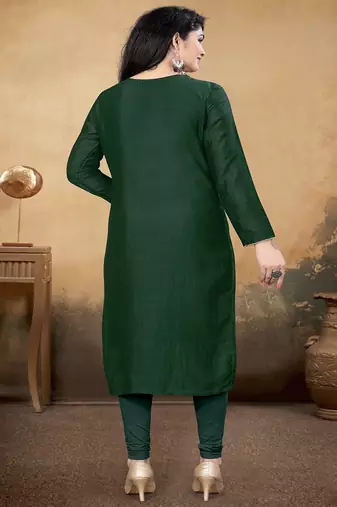Green color vichitra silk blend round neck embroidered kurti