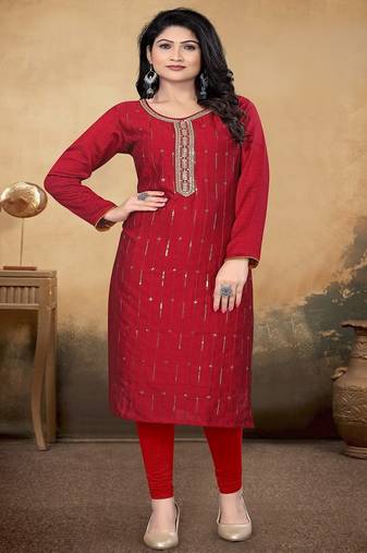 Maroon color vichitra silk blend round neck embroidered kurti